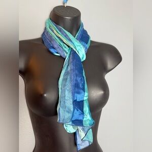 Marc Rozier Paris France Vintage 100% Sheer Silk Scarf 15x52 Turquoise & Blue